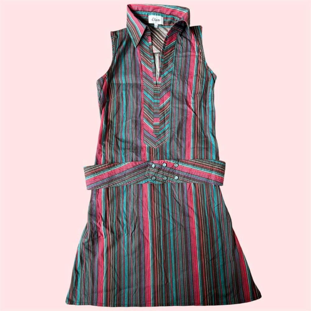 Etam multicoloured striped dress with drop waist belt and collar